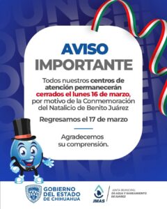 Avisa Junta Municipal De Agua Y Saneamiento De Juárez Que Todas Las Sucursales Y La Matriz De La  Avenida Juan Gabriel Estarán Cerradas
