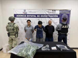 Detiene AEI a tres personas durante cateo en el que se aseguró dos matas de mariguana y un arma de fuego