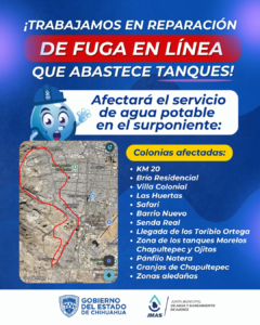 Atiende JMAS fuga en línea principal que afecta servicio de agua en el surponiente de Juárez.